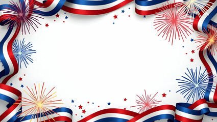 Fototapeta premium Tricolor Ribbons and Fireworks Border Frame: Festive Copy Space for Independence Day Celebrations - Perfect for Stock Photos with Flowing Ribbons and Dazzling Fireworks on the Left