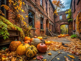 Autumn Urban Exploration: Gourd Decor & Fall Foliage in Abandoned Building