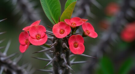 Obraz premium Blooming Crown of Thorns Plant with Red Flowers and Sharp Spines