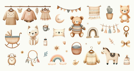 Set of boho baby shower elements in Scandinavian style. Cartoon doodle kids clipart for baby shower invitation card, nursery room decor, poster.