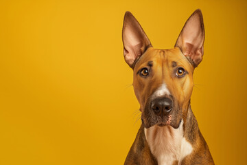 Obraz premium Bull Terrier dog on minimalistic colorful background with Copy Space. Perfect for banners, veterinary ads, pet food promotions, and minimalist designs.