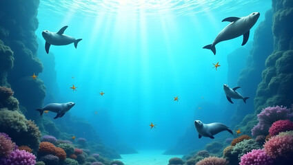 Coral reefs and sea lions border frame with marine protection copy space for World Oceans Day concept as Vibrant coral reefs and majestic sea lions framing marine protection space for World Oceans Day