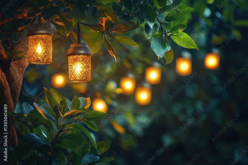 Poster enchanting garden ambiance with glowing string lights illuminating lush foliage creating a warm and 
