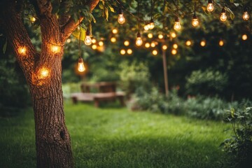 Enchanting garden scene featuring a majestic tree adorned with string lights creating a warm and inviting ambiance for outdoor relaxation