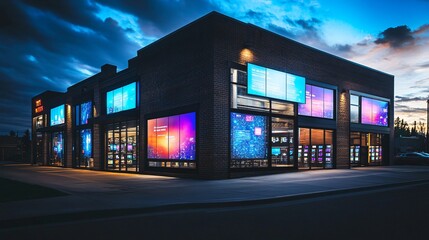 Modern Brick Retail Building with Vibrant Digital Signage at Night