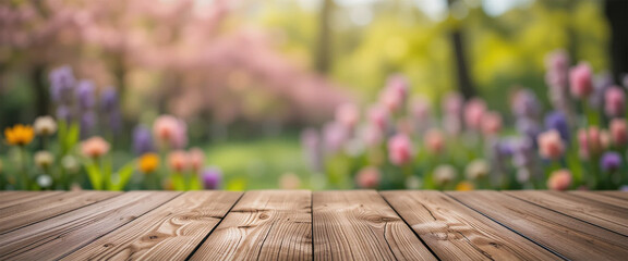 wooden table foreground with spring natural blurred background