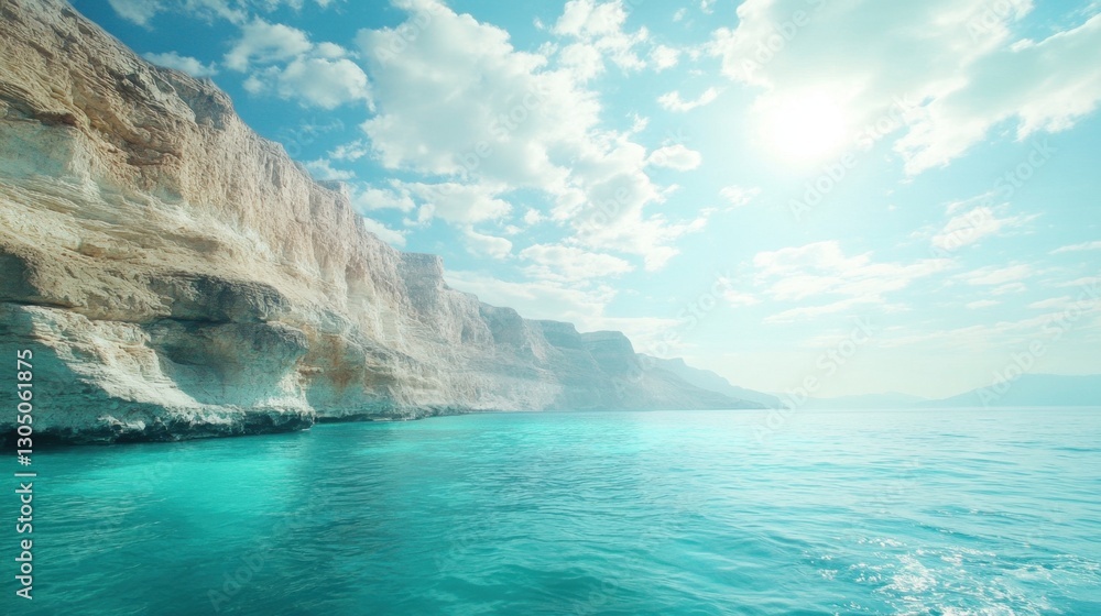 Poster serene seascape featuring towering cliffs azure water and a bright sky creating a tranquil and invit