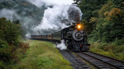 Obraz premium A train disappearing into thick morning fog on railway tracks.