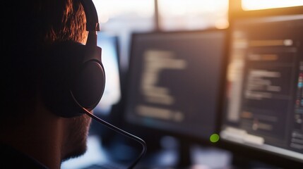 male tech professional wearing headset while coding on screens in subdued office lighting background concept of software development, technical support