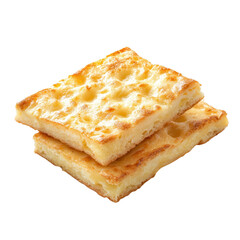 Fototapeta premium Delicious Focaccia: Two perfectly baked, golden-brown slices of focaccia, stacked invitingly, showcasing a tempting, slightly dimpled surface
