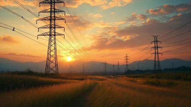 Power Grid at Sunset: A network of towering electricity pylons stretches across a vast, open landscape, silhouetted against the vibrant colors of a breathtaking sunset.