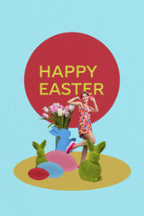 Vertical picture collage happy joyful carefree woman dancing fresh blossom bouquet flowers headphones music listener easter celebration