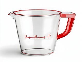 Transparent Measuring Cup with Red Markings on White Background