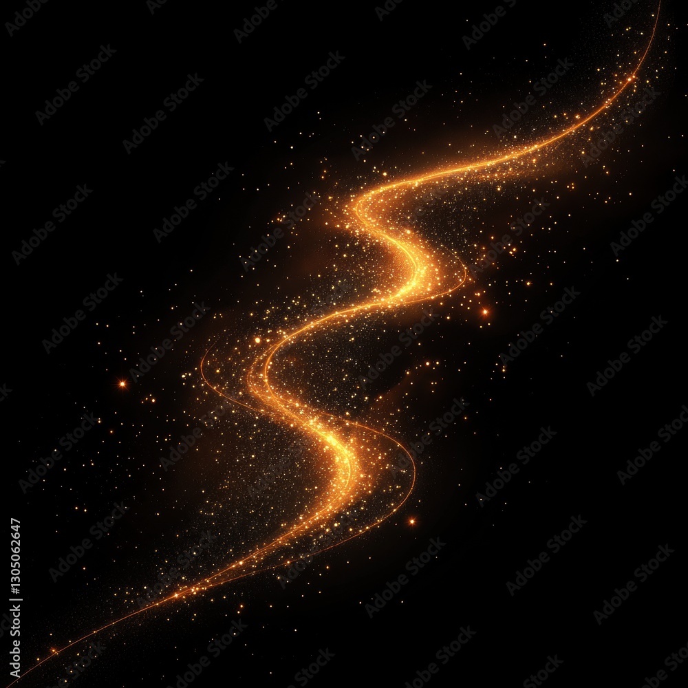 Poster golden light trail on black background with sparkling particles creating a magical and enchanting at