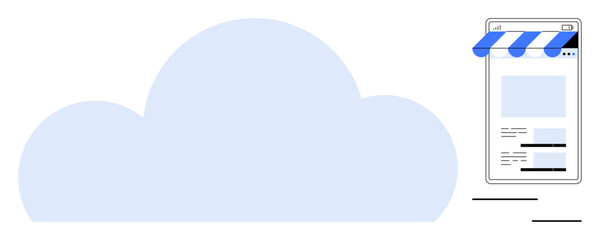 Large cloud beside smartphone with storefront interface representing digital business, data storage, and online retail. Ideal for e-commerce, cloud computing, technology, business, startups
