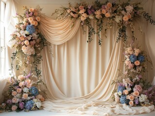 Elegant Floral Backdrop with Soft Drapery for Event Decoration