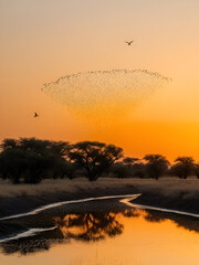 A flock of red-billed queleas coming for a drink at dawn, Mashatu Botswana.
