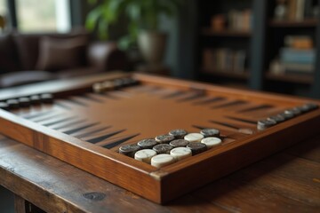 Fototapeta premium A Close up of a Backgammon Board on a Wooden Table - Generative AI