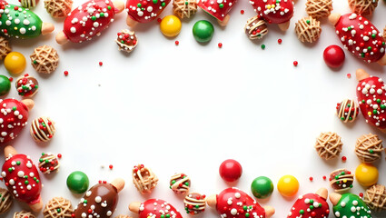 Assorted Christmas Candies and Sweets Border: Create Sweet Holiday Treat Messages with Empty Copy Space for Festive Greetings and Treat Ideas in Your Photo Stock Concept
