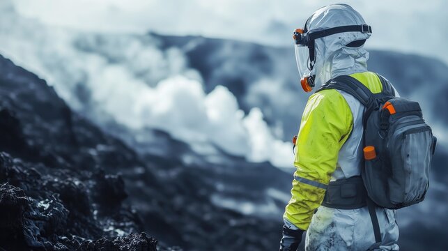 A person in a protective suit with a mix of white and bright yellow, wearing a helmet and goggles, stands on a volcanic landscape with smoking areas in the background, carrying a backpack.