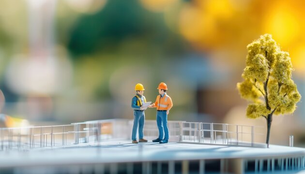 Engineer And Architect Meeting For Project With Partner, Utilizing Engineering Tools On Model Building And Blueprint At Working Site, Contract For Both Companies