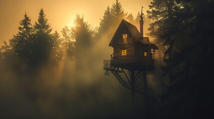 A single hidden treehouse nestled within a dense foggy forest at sunrise 