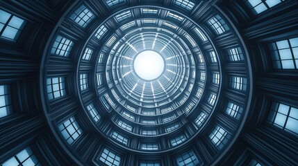 Cylindrical architectural view with light at the center.