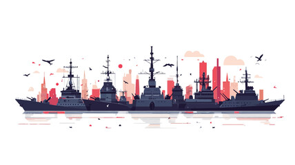 Obraz premium The image is a stylized vector illustration depicting a cityscape skyline with a fleet of warships in the foreground. The style is minimalist, using mainly dark blues and reds for the
