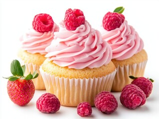 Delightful cupcakes with pink frosting and fresh raspberries on a clean white background perfect for dessert themes