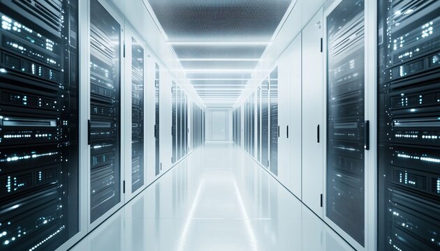 State-Of-The-Art Data Center With White Server Cabinets, Advanced Cloud Computing, And Supercomputing Infrastructure For Artificial Intelligence And Language Model Training.