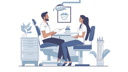 The illustration depicts a dentist and a patient seated in a modern dental office. The dentist, a man with dark hair and beard, is dressed in a white coat and is holding papers. The