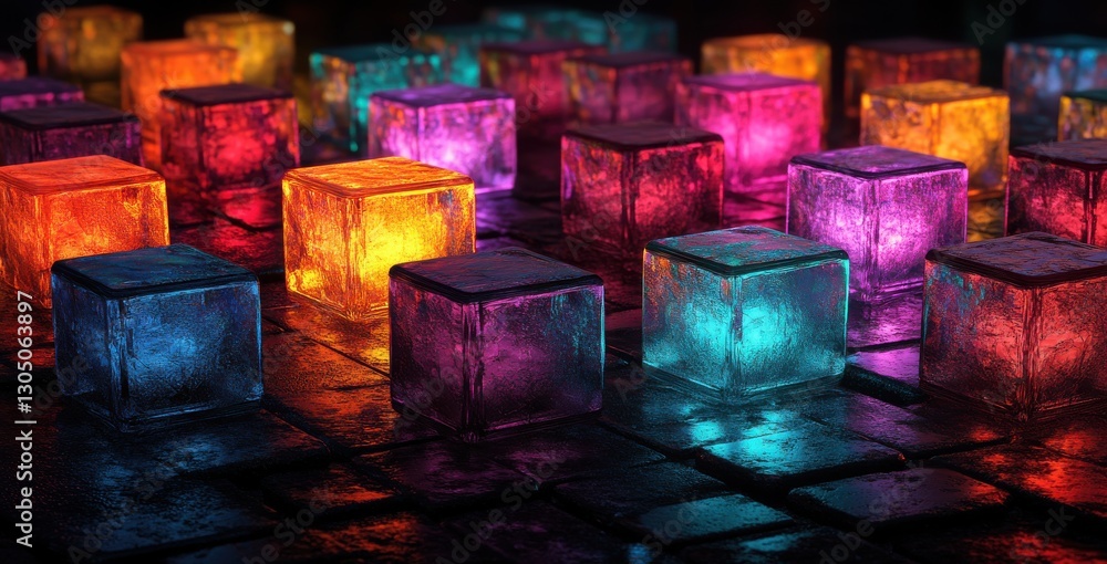 Poster vibrant colorful ice cubes illuminated in various shades creating a stunning artistic display on a d
