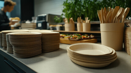 A layout of paper plates and wooden cutlery is set up on a counter, ready for a catering event. Fresh ingredients and prepared dishes are nearby, indicating meal preparation