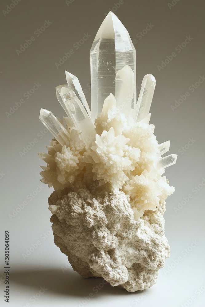 Poster captivating quartz crystal cluster formation with translucent points and textured base mineral speci