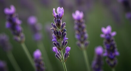 Obraz premium Blooming Lavender Field with Purple Flowers in Soft Focus Background