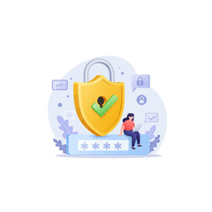 Fototapeta premium Woman Using Laptop with Secure Password and Digital Shield Concept