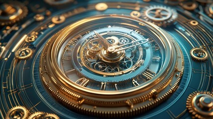 Obraz premium Intricate clockwork with golden gears and a luminous background.