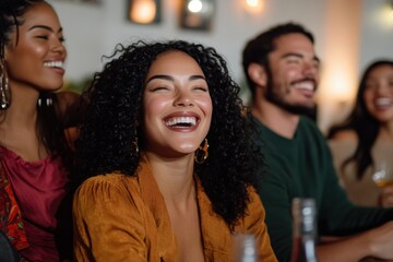 Obraz premium A vibrant gathering captures the essence of joy and laughter among friends in a warm, inviting setting, creating memories that last a lifetime. Cheerful expressions abound.