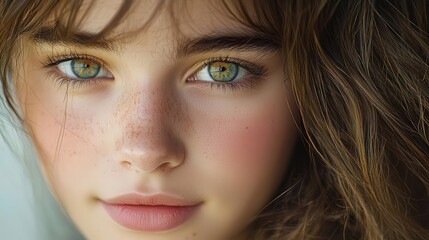 Obraz premium Close-up portrait of a young woman with striking green eyes and natural makeup.