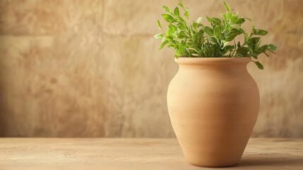 A clay pot with fresh herbs on a wooden surface.