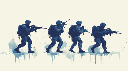 Fototapeta premium The image depicts four stylized silhouettes of soldiers in a tactical formation. The figures are rendered in shades of blue, with a watercolor or wash-like effect creating a slightly