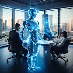 A modern office where a translucent humanoid AI hologram is interacting with human employees. The...