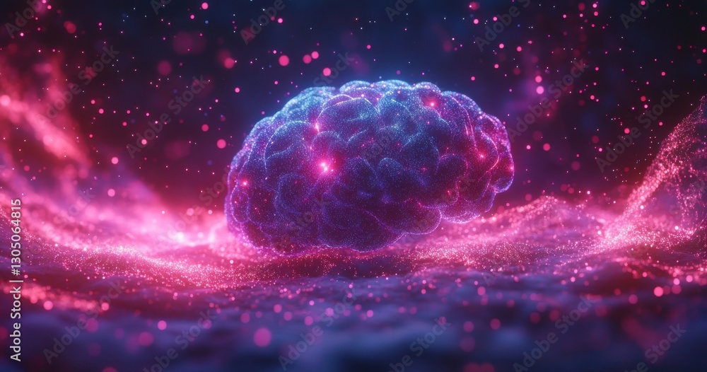 Poster vibrant digital brain representation with colorful particles and soft glow effect in abstract backgr