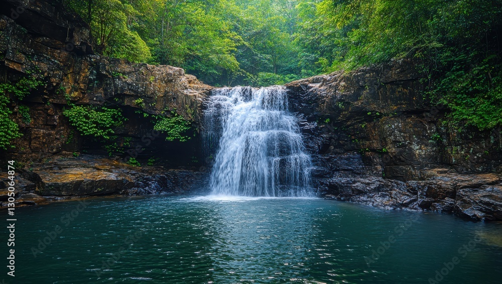Poster serene waterfall cascading into calm pool surrounded by lush greenery in enchanting forest setting