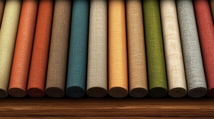 Colorful fabric rolls arranged neatly on a wooden surface.