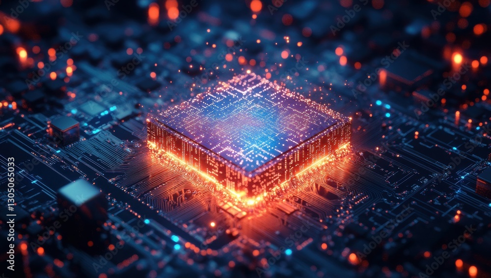 Poster vibrant digital circuit board with glowing microchip surrounded by sparks and blue highlights in a f