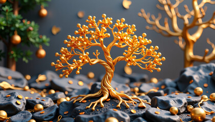 Miniature golden tree with coins for finance blogs, wealth symbolism, and investment concepts
