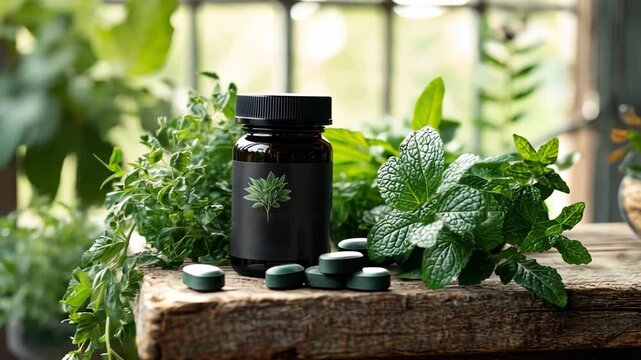 Natural Wellness: An artistic shot of a supplement bottle with green pills and fresh herbs arranged artfully, exuding natural health.