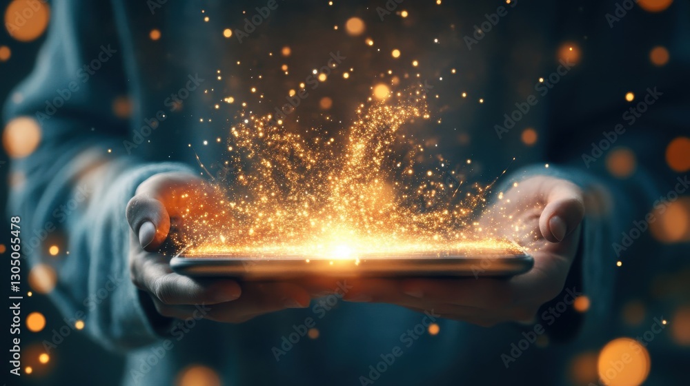Poster a person holding a device with glowing light particles emanating from it