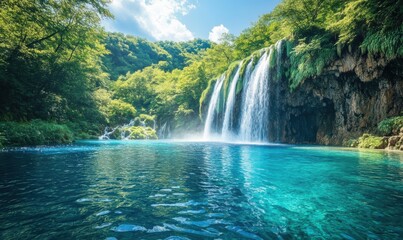 Fototapeta premium Serene Waterfall Cascading into Clear Blue Lake Surrounded by Lush Green Forest Under Bright Sky